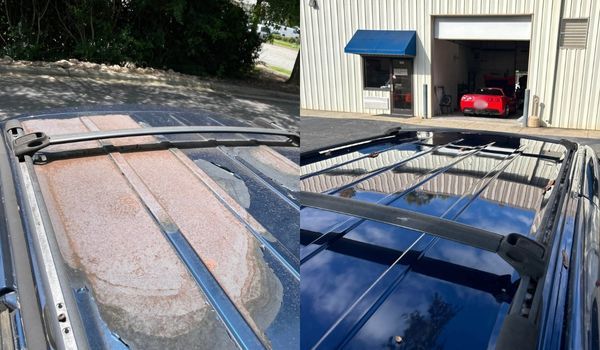 Before and after photos of a car roof. The left shows faded paint, the right shows a shiny, blue roof.