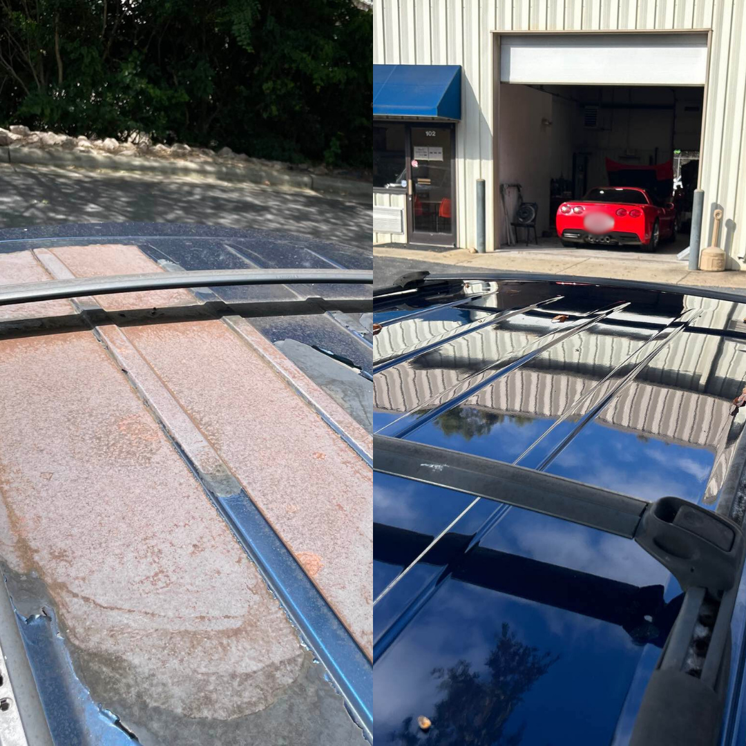 Before and after of a car roof restoration. Shows the rusty roof next to the new blue roof.