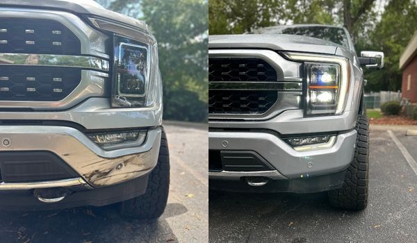 Two front views of a silver truck, showing headlight detail.