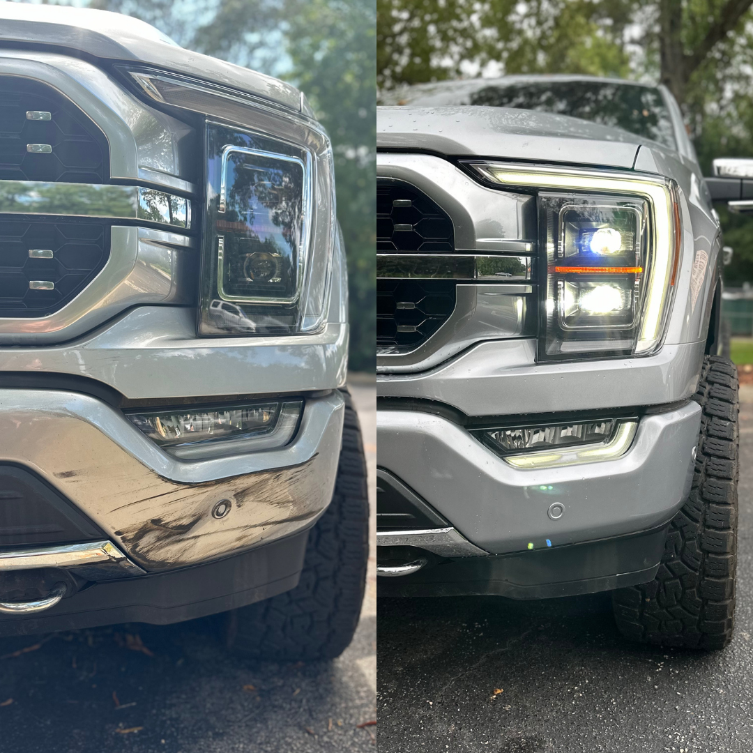 Two silver Ford F-150 truck front views. Left: Chrome bumper, black tires. Right: Gray bumper, white headlights.