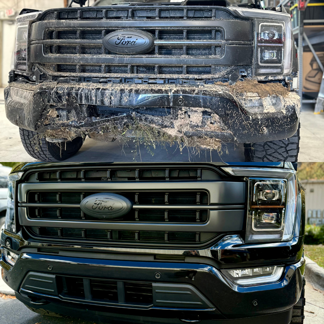 Comparison of a dirty and clean black Ford truck grille and bumper.