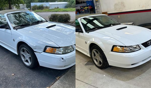 White Ford Mustang convertible, before and after bodywork repair.
