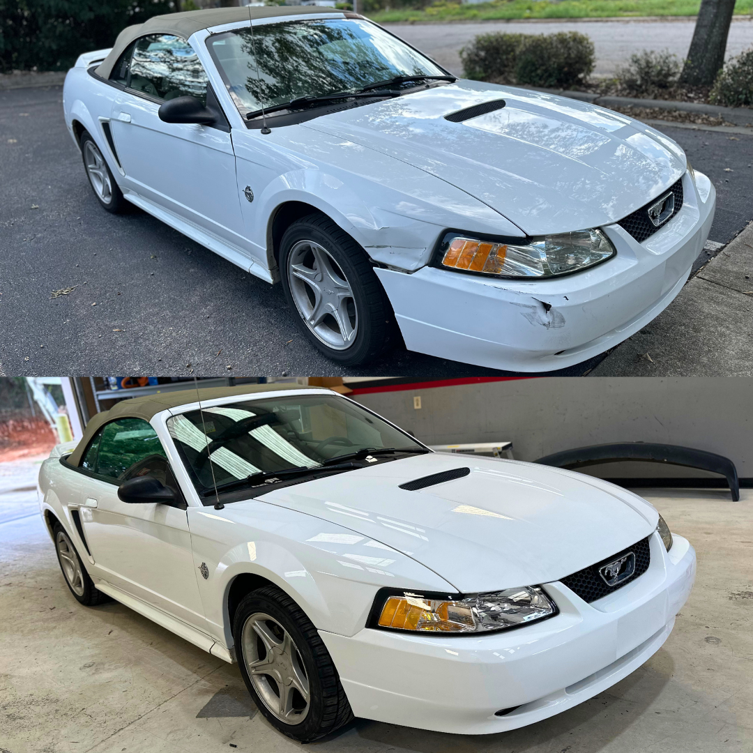 White Ford Mustang convertible with front end damage before and after repair.