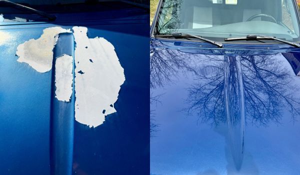 Blue car hood with peeling paint on left; smooth, shiny hood on right.