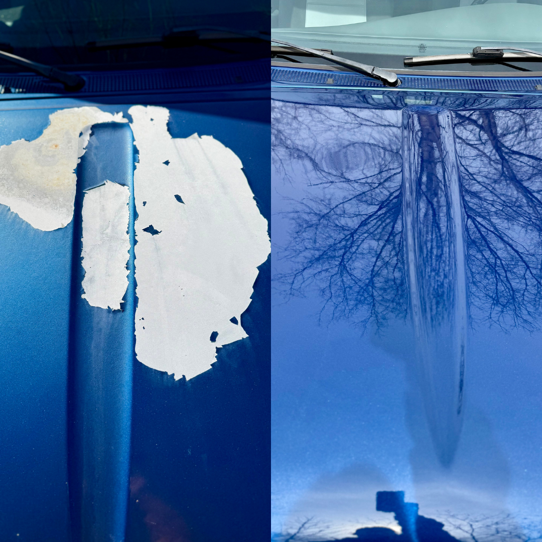 Blue car hood, left: paint damage. Right: reflective, upside-down image of a tree and sky.