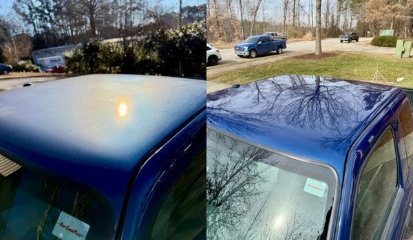 Two side-by-side photos of a blue car roof; the left faded, the right freshly polished, reflecting trees.