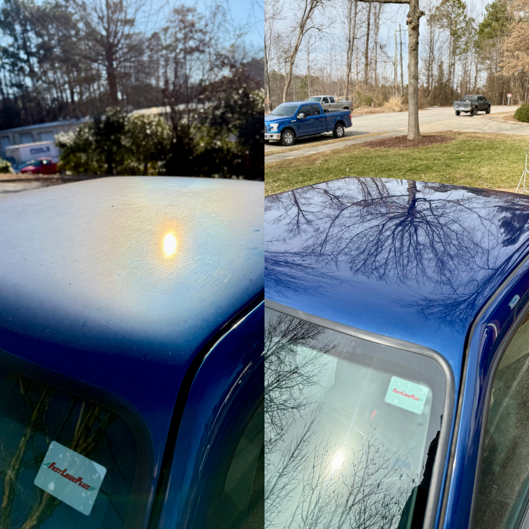 Comparison of a faded blue car roof (left) and a freshly waxed blue car roof (right).