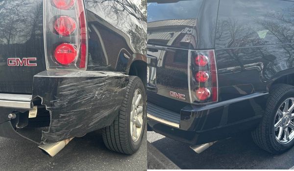 Damaged black GMC SUV rear bumper before and after repair.