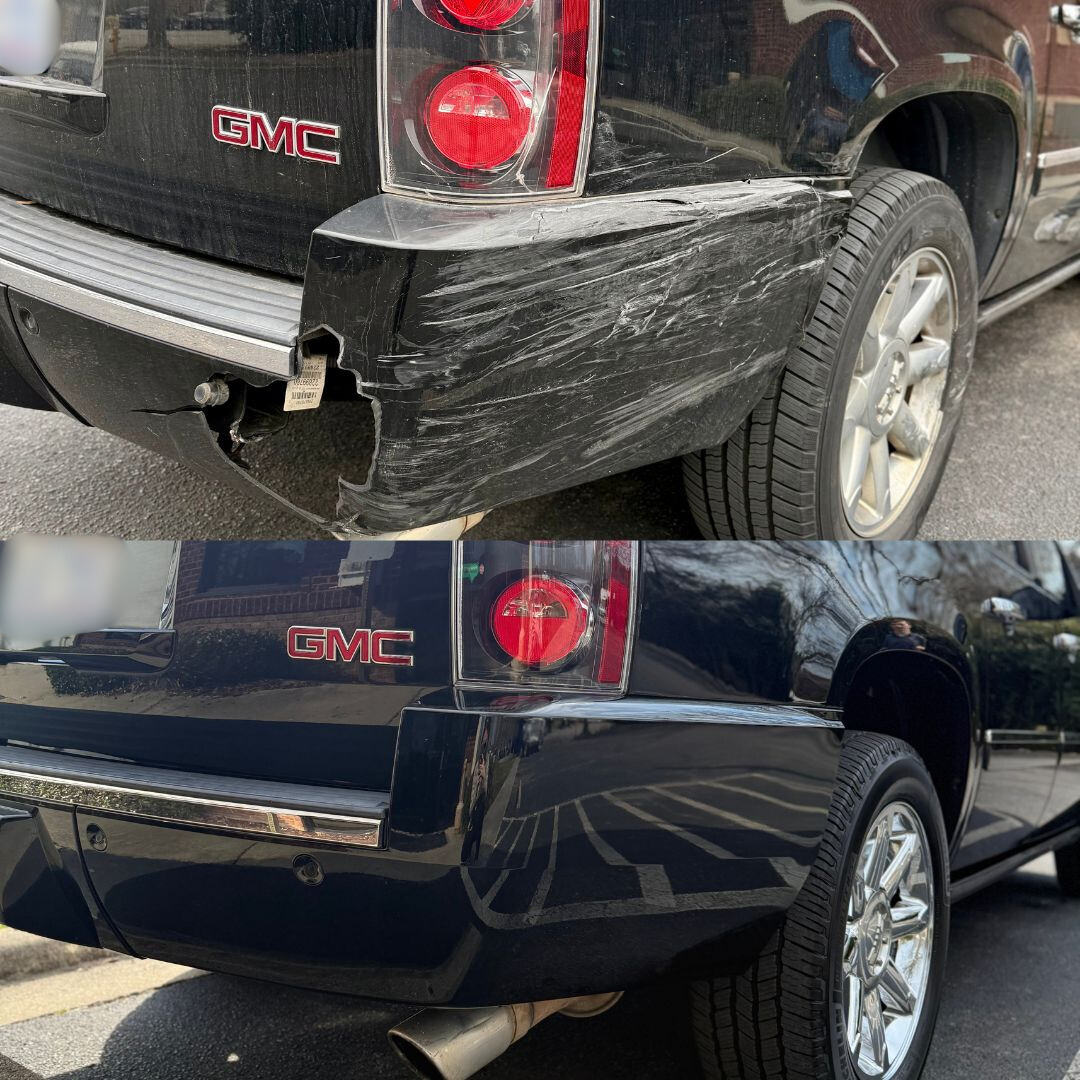 Top: Black GMC SUV damaged rear bumper. Bottom: Same bumper, repaired and repainted.