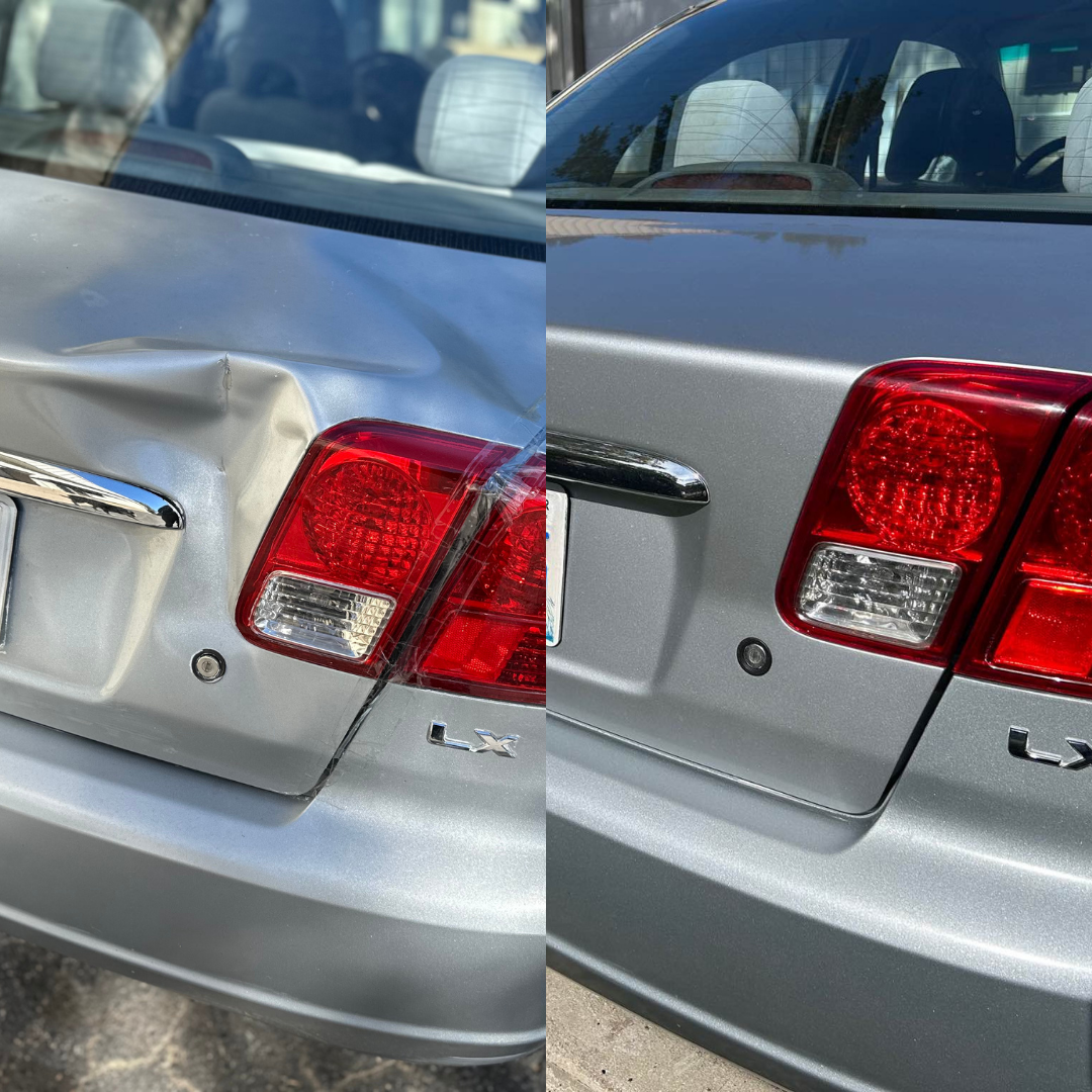 Silver car before and after rear bumper dent repair.