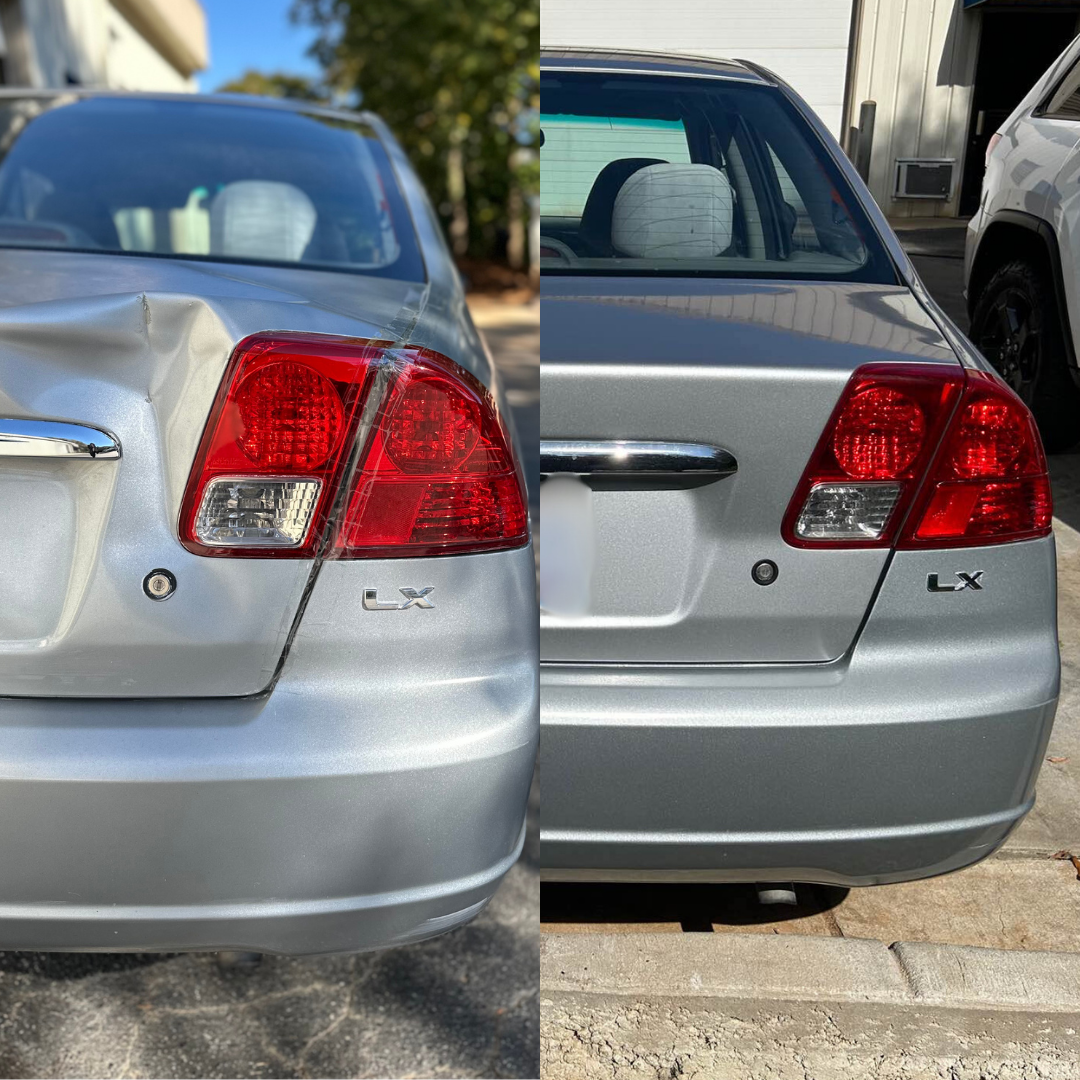 Silver car with rear dent before and after repair.