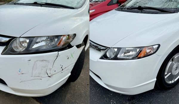 White car with damaged front bumper on left, repaired on right.