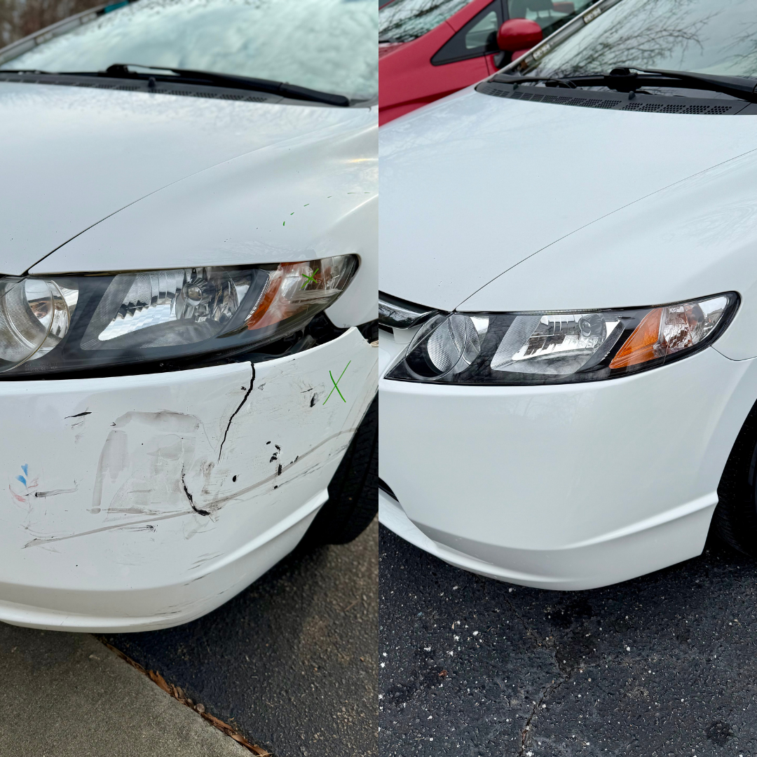 White car bumper before and after repair; visible scratches and dents are gone in the