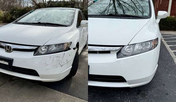 White Honda Civic car with front bumper damage before and after repair.