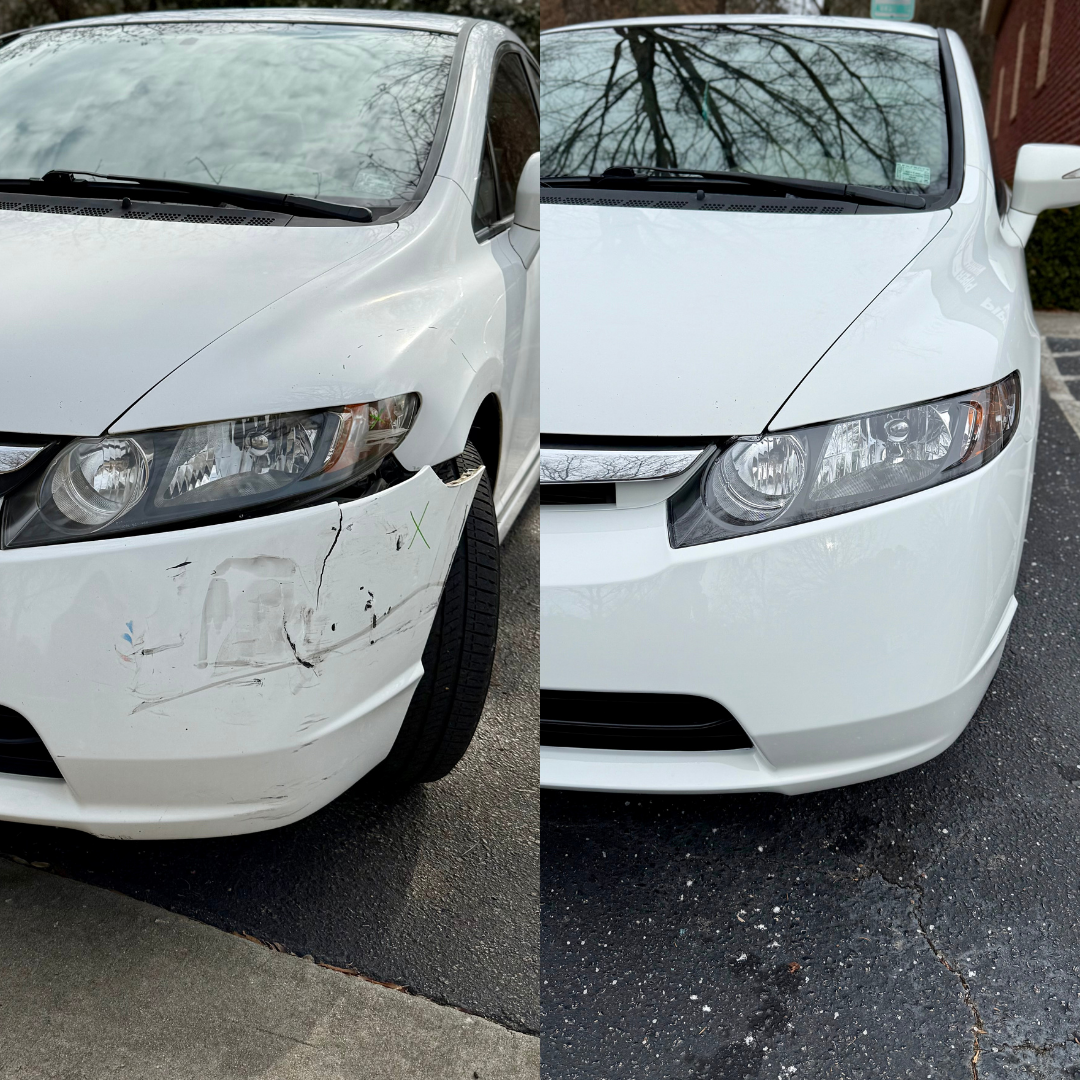 White car before and after bumper repair; damage repaired with paint match.