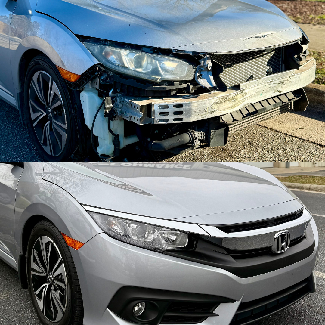 Top: Damaged silver Honda Civic front. Bottom: Repaired silver Honda Civic front.