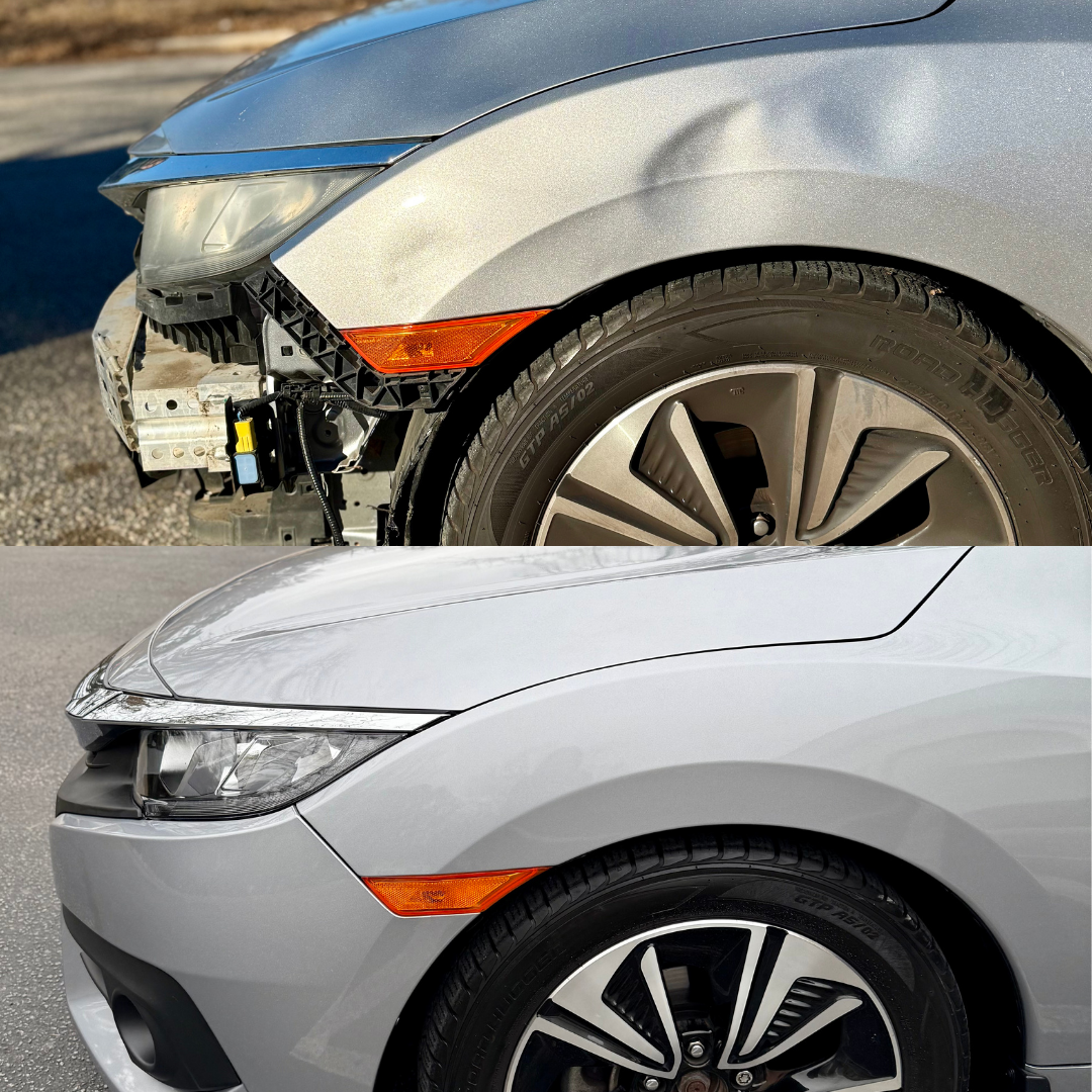 Damaged silver car front before and after repair.