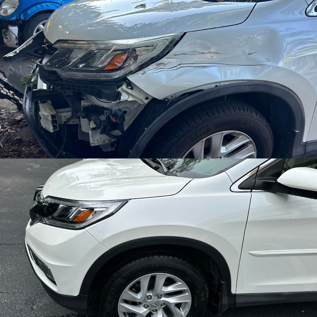 Damaged white car before and after repair; shows side-view of the front end with body damage and then restored.
