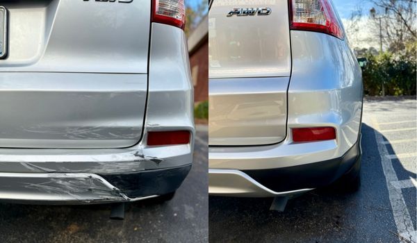 Silver SUV bumper before and after repair; showing scratch and dent removal.