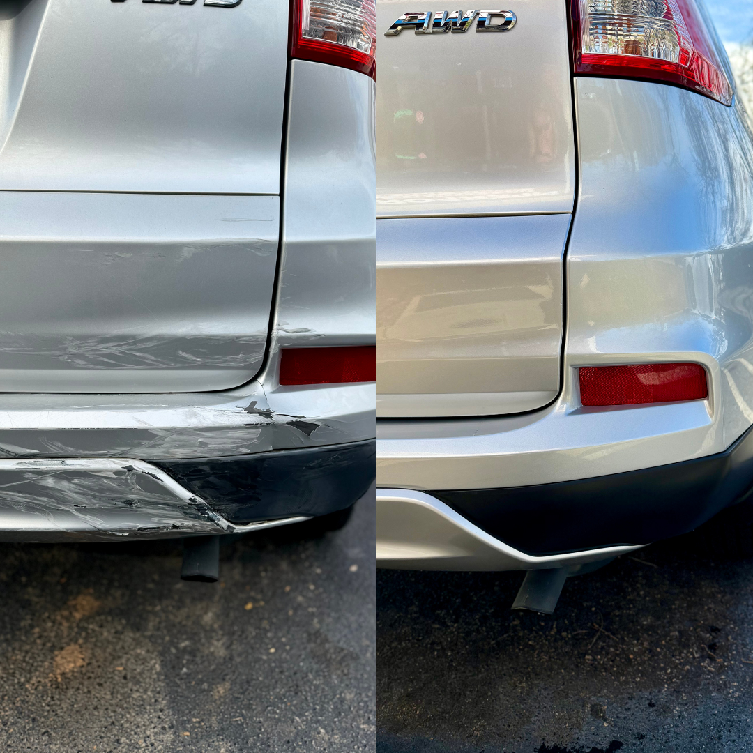 Side-by-side comparison: Damaged silver car bumper before and after repair.