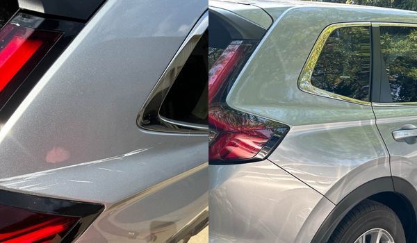 Two silver cars, a side view, with red taillights and black accents.