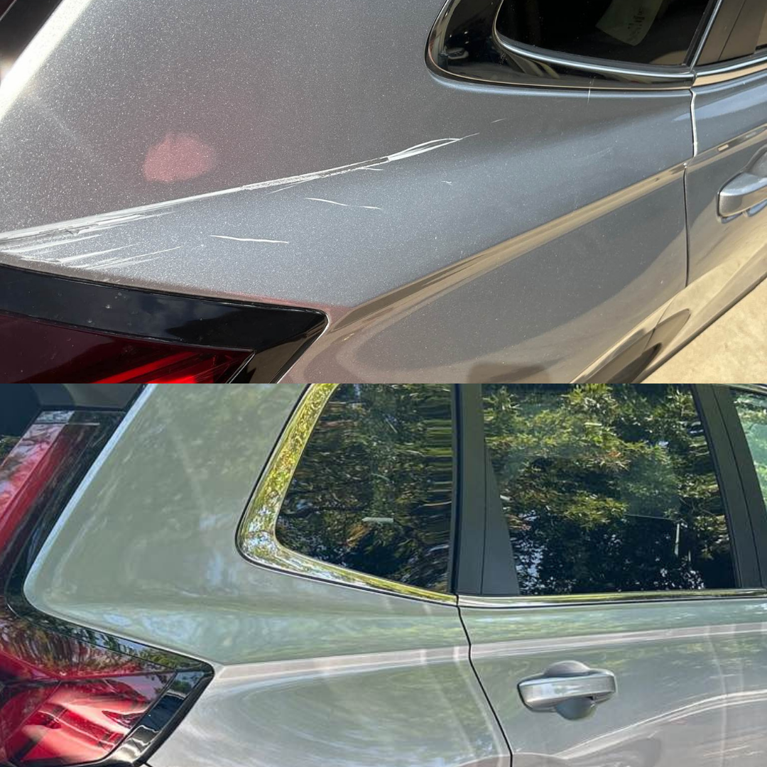 Two views of a gray car with scratches on the body panel near the taillight and door.