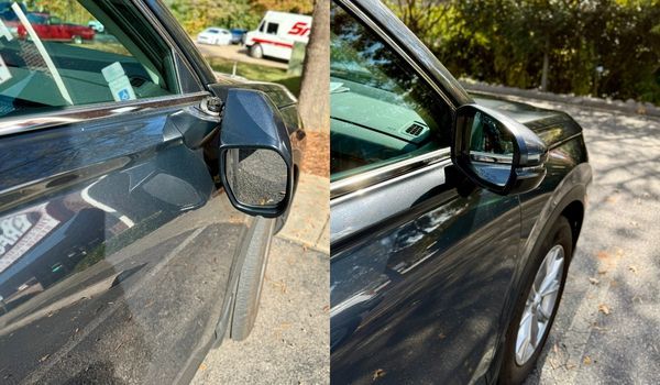 Damaged car side mirror, before and after repair; gray vehicle, outdoors.