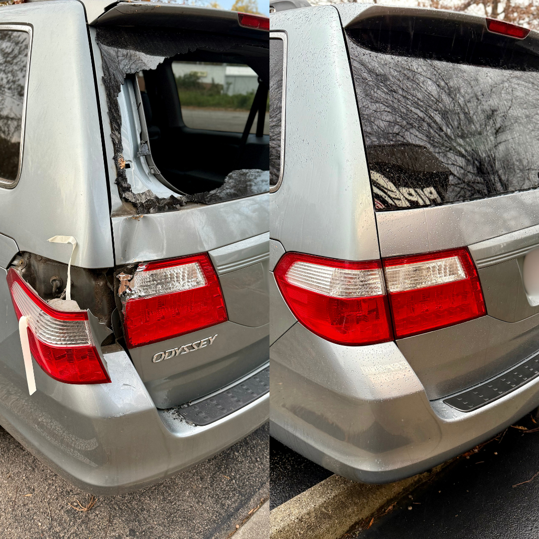 Silver minivan with extensive rear-end damage next to a restored version. Window shattered and taillight broken.
