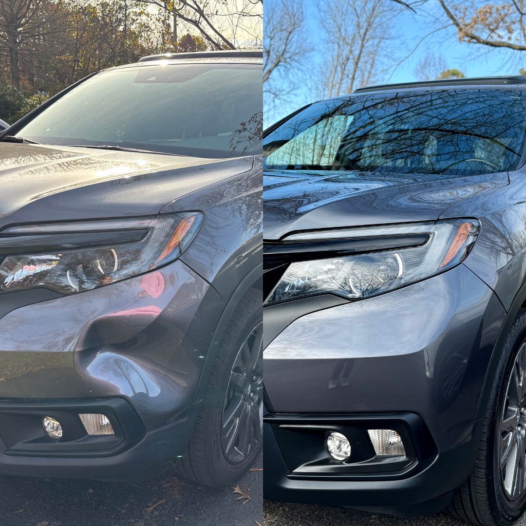Two photos side-by-side of a gray Honda Passport. The car on the left has a glare from the sun.