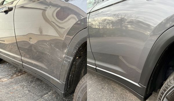 Car side before and after bodywork: dented gray car panel being repaired.