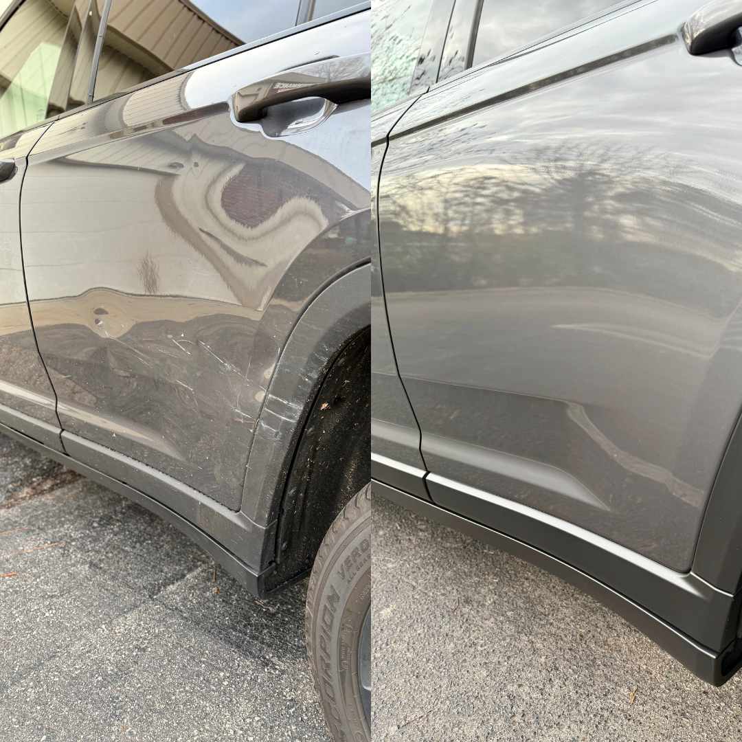 A side-by-side of a dark gray car before and after cleaning. The