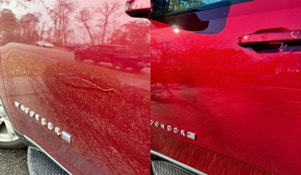 Red car door before and after scratch removal.