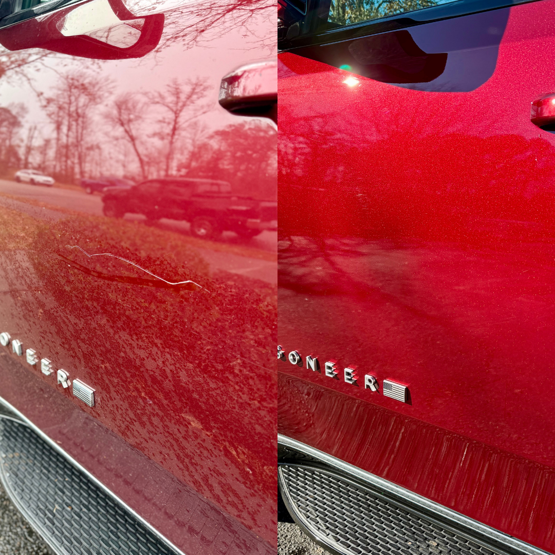 Red car door before and after scratch removal.