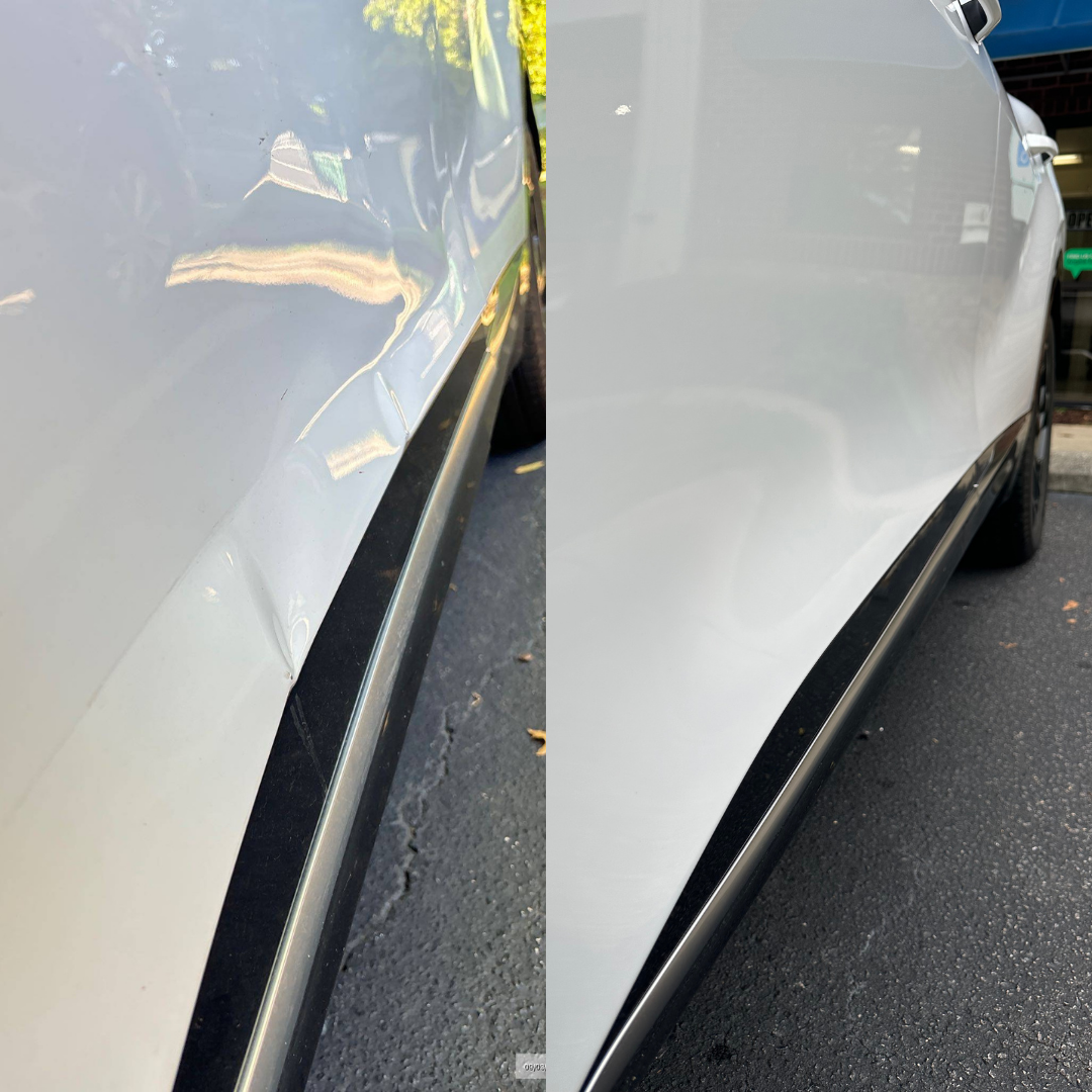 Before and after images of a white car's side panel; a dent is smoothed out.