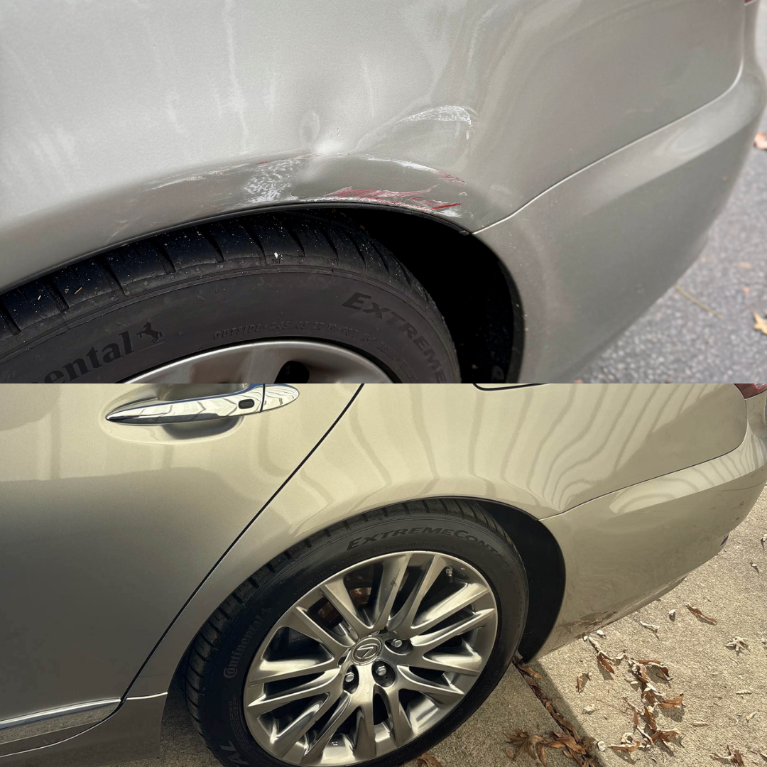 Before and after view of a car with a dented rear quarter panel, and the repaired panel, both silver.