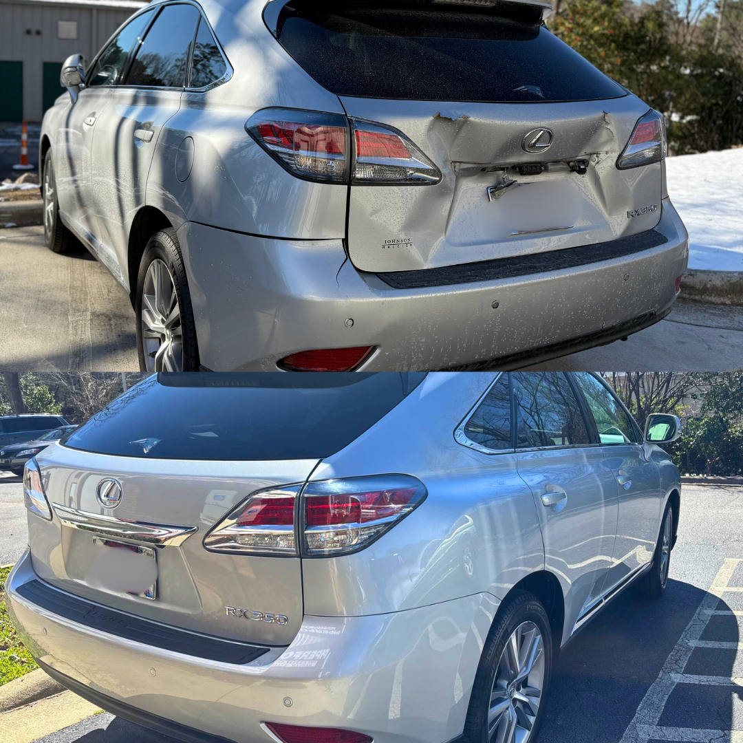 Silver Lexus SUV, rear damaged then repaired, parked outdoors.