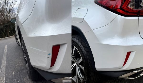 Two side-by-side images of a white car's rear bumper. The left has damage; the right shows a repaired bumper.
