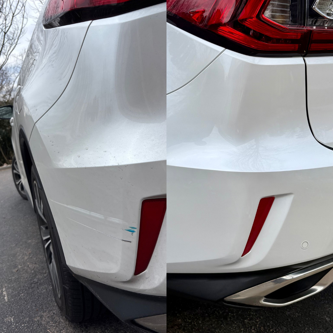 White car bumper before and after repair. Scratches on the left side are fixed on the right.