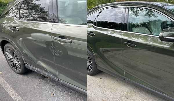 Car's side before/after repair; dark green exterior; damaged lower panel fixed, showing improved appearance.