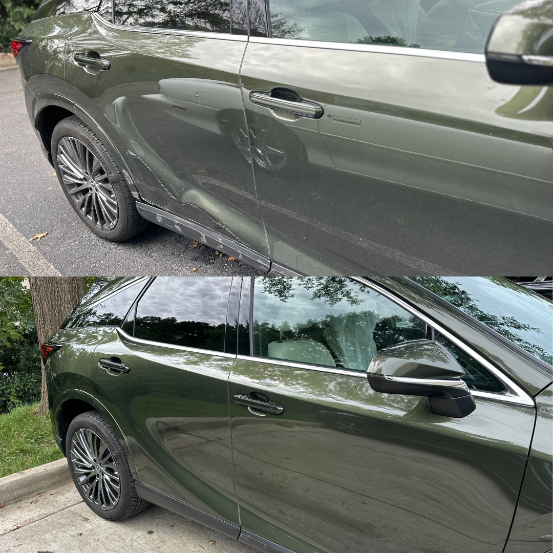 Two views of a green SUV. One shows dirt and grime, the other is clean and shiny.