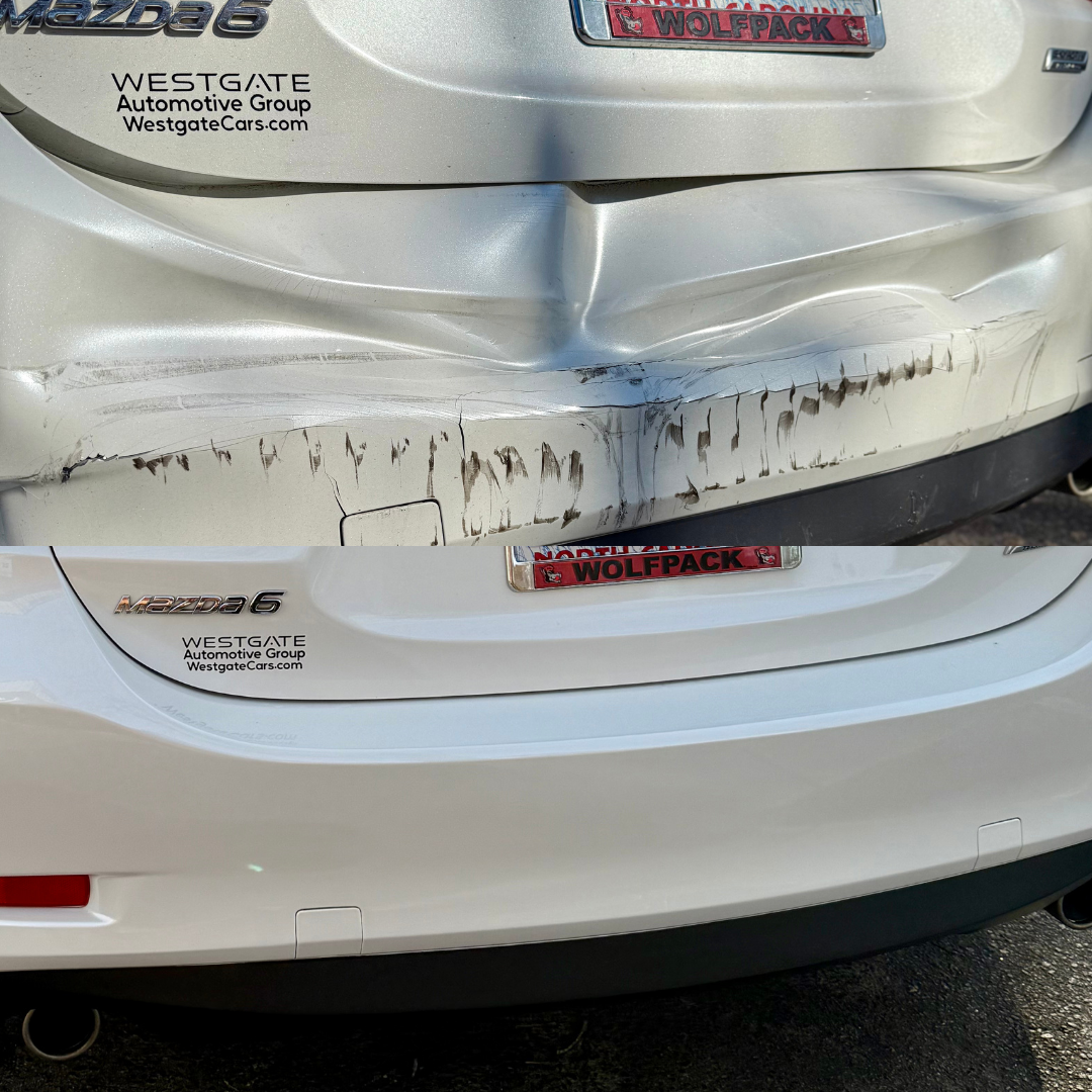 Before and after of a white Mazda 6 rear bumper. The top shows a dent and scratches, the bottom shows the repaired bumper.