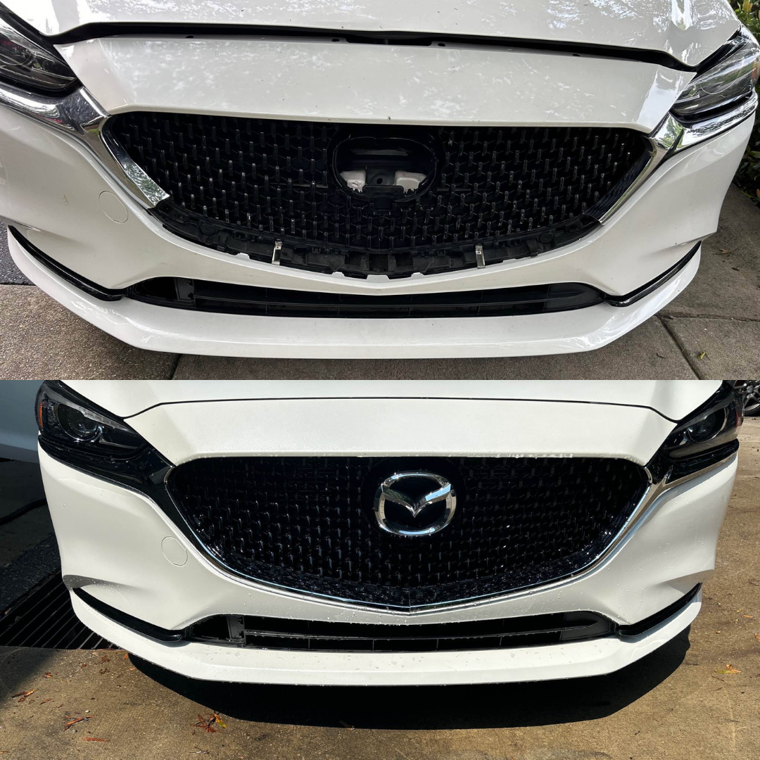 Before and after of a white Mazda car's front grille; top one damaged, bottom one repaired.