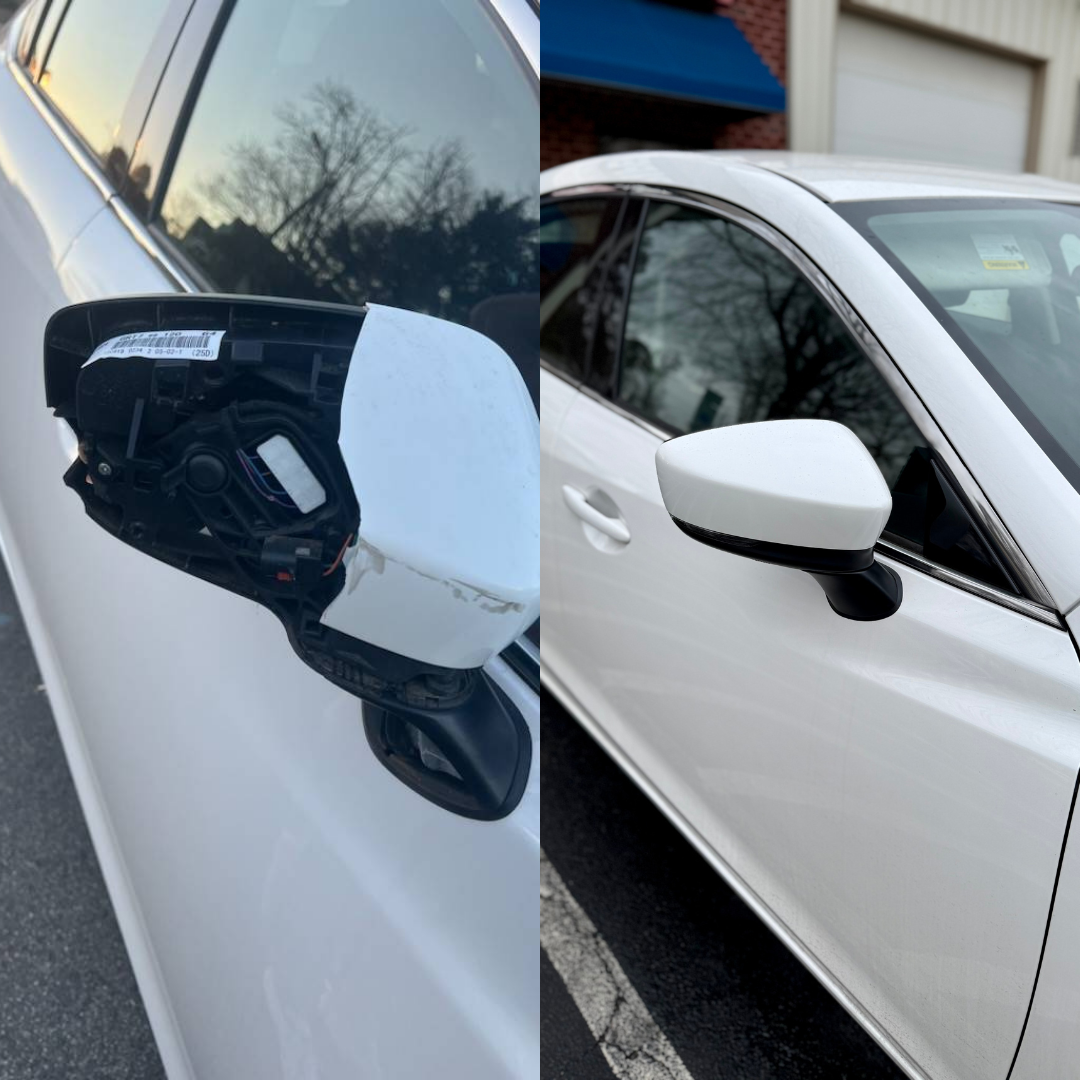 White car side mirror before and after repair.