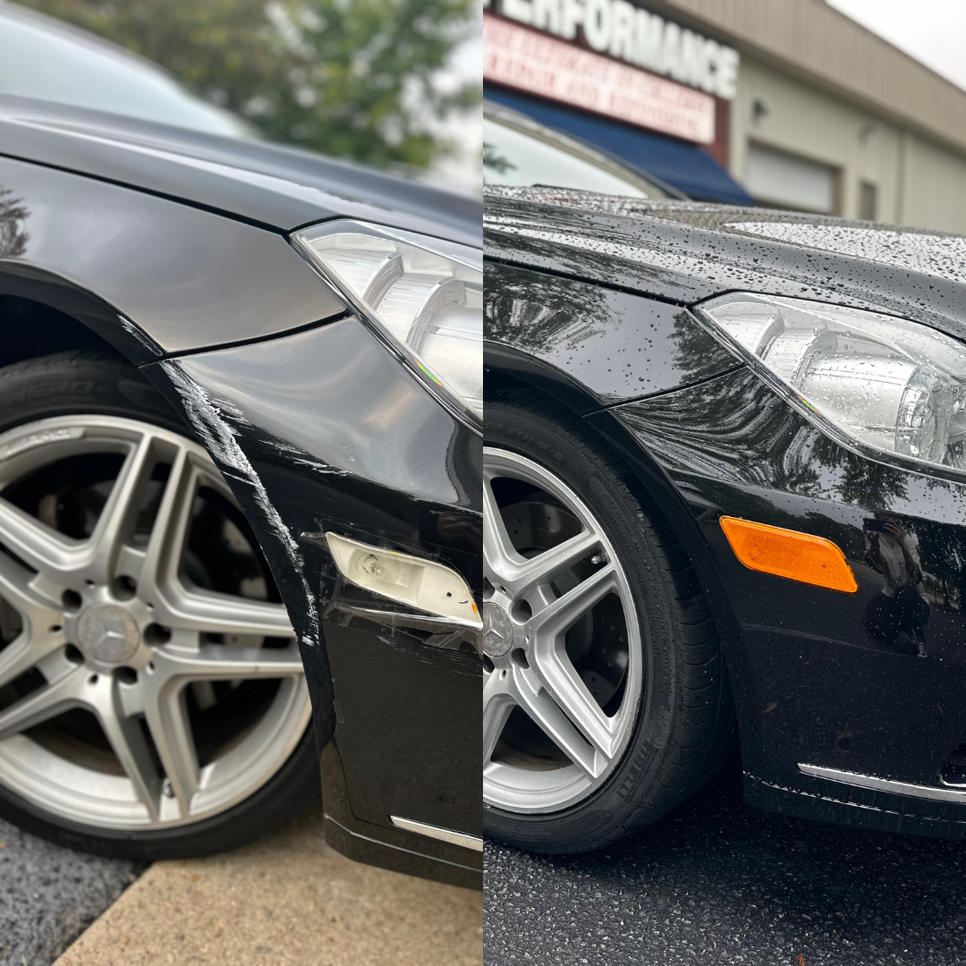 Before and after shot of a black car, showing body repair. The damaged side contrasts with the repaired side.