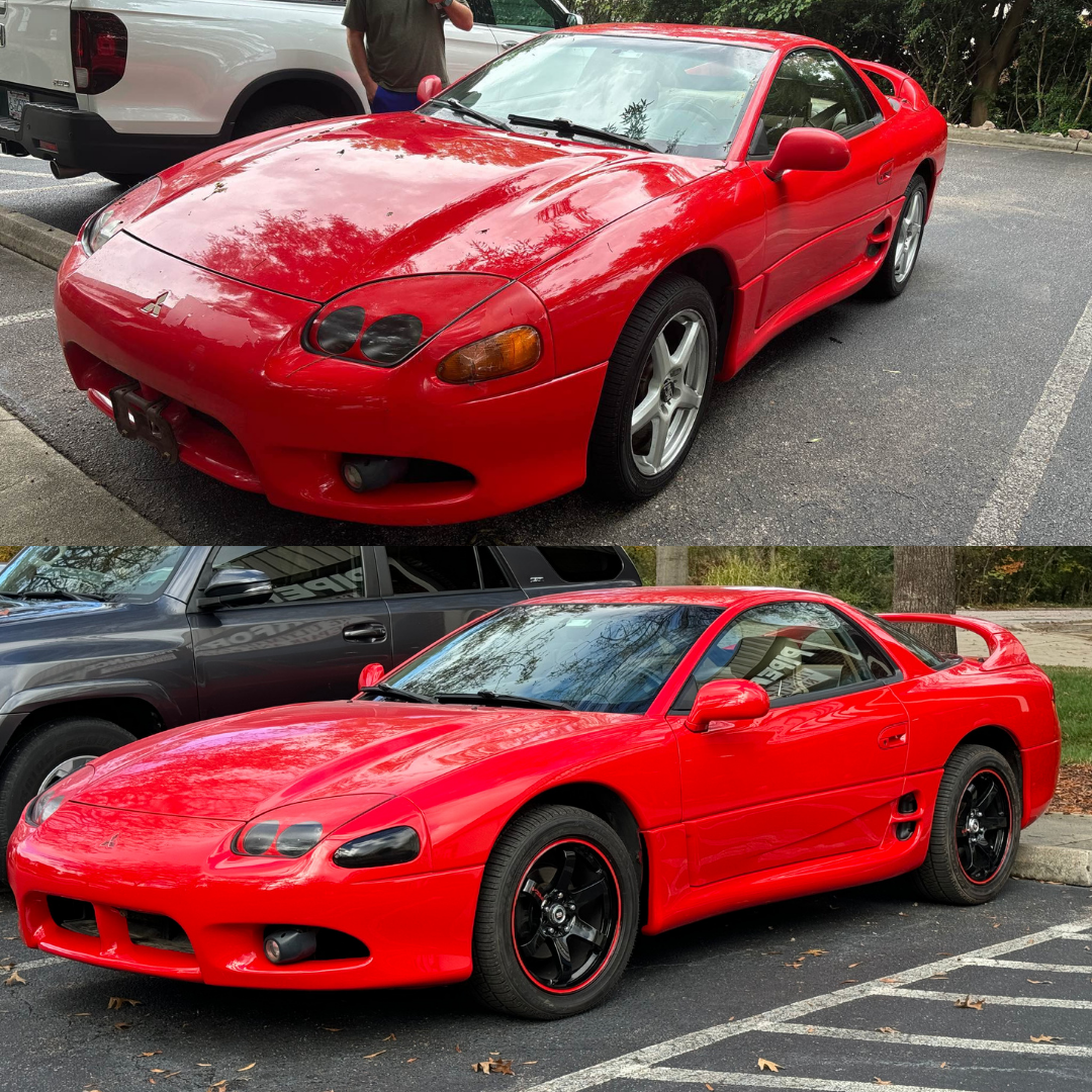 Two red Mitsubishi 3000GT sports cars. The top car is in a parking lot, the bottom car has black rims.