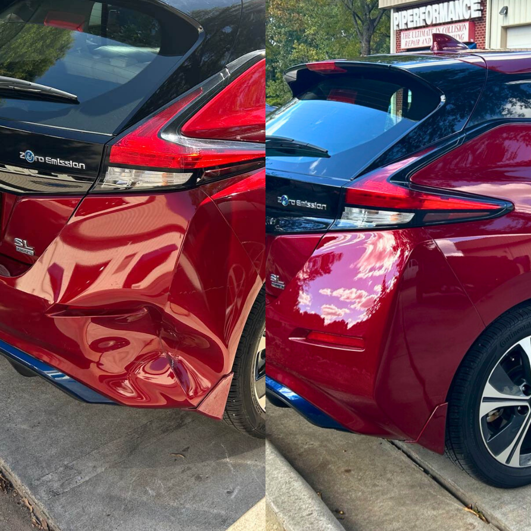 Red car rear end damaged then repaired, shows before and after.