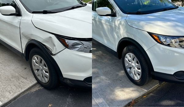 White car with dented fender before, then repaired, parked on a sidewalk.