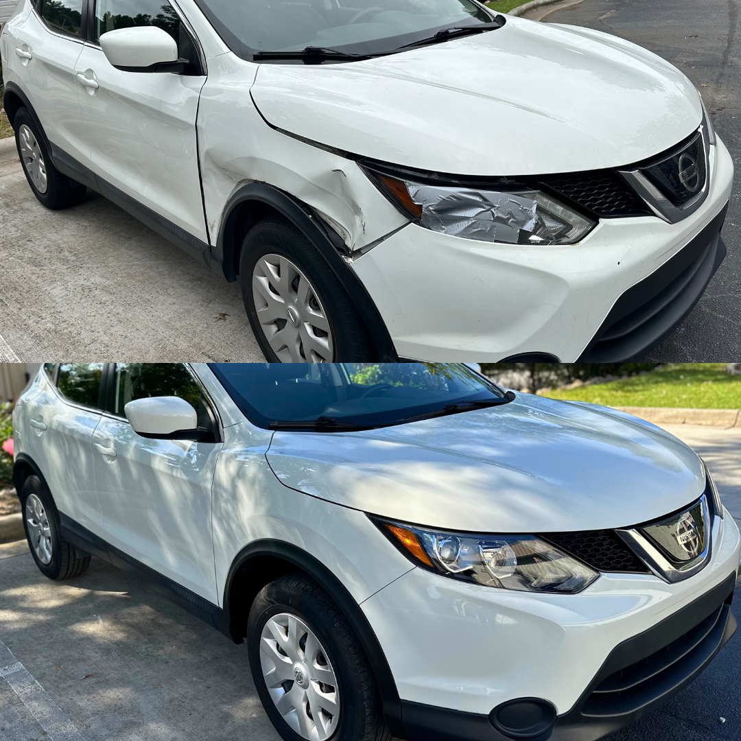 White Nissan SUV, before and after collision repair; damaged front end mended.