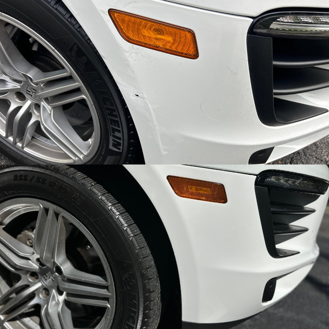 White car bumper with scratch before/after repair, showing wheel and side marker light.
