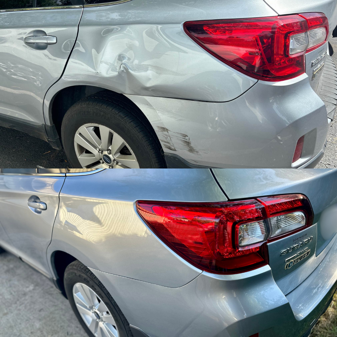 Top: Silver car with rear dent. Bottom: Same car with dent repaired.